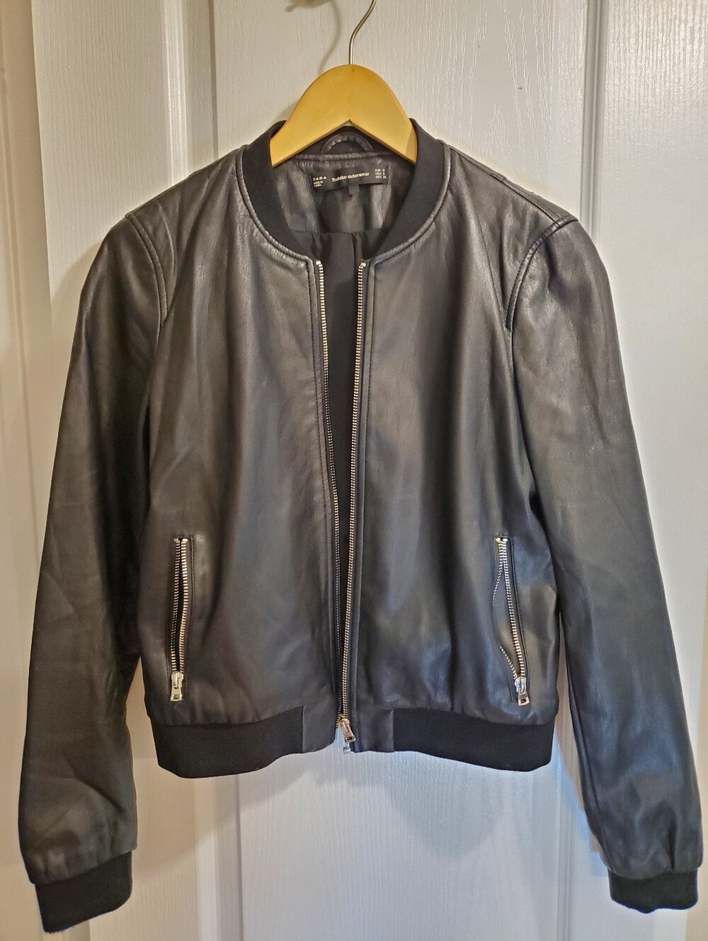 ZARA Black Leather Bomber Jacket with Zip Pockets - *Please read description*